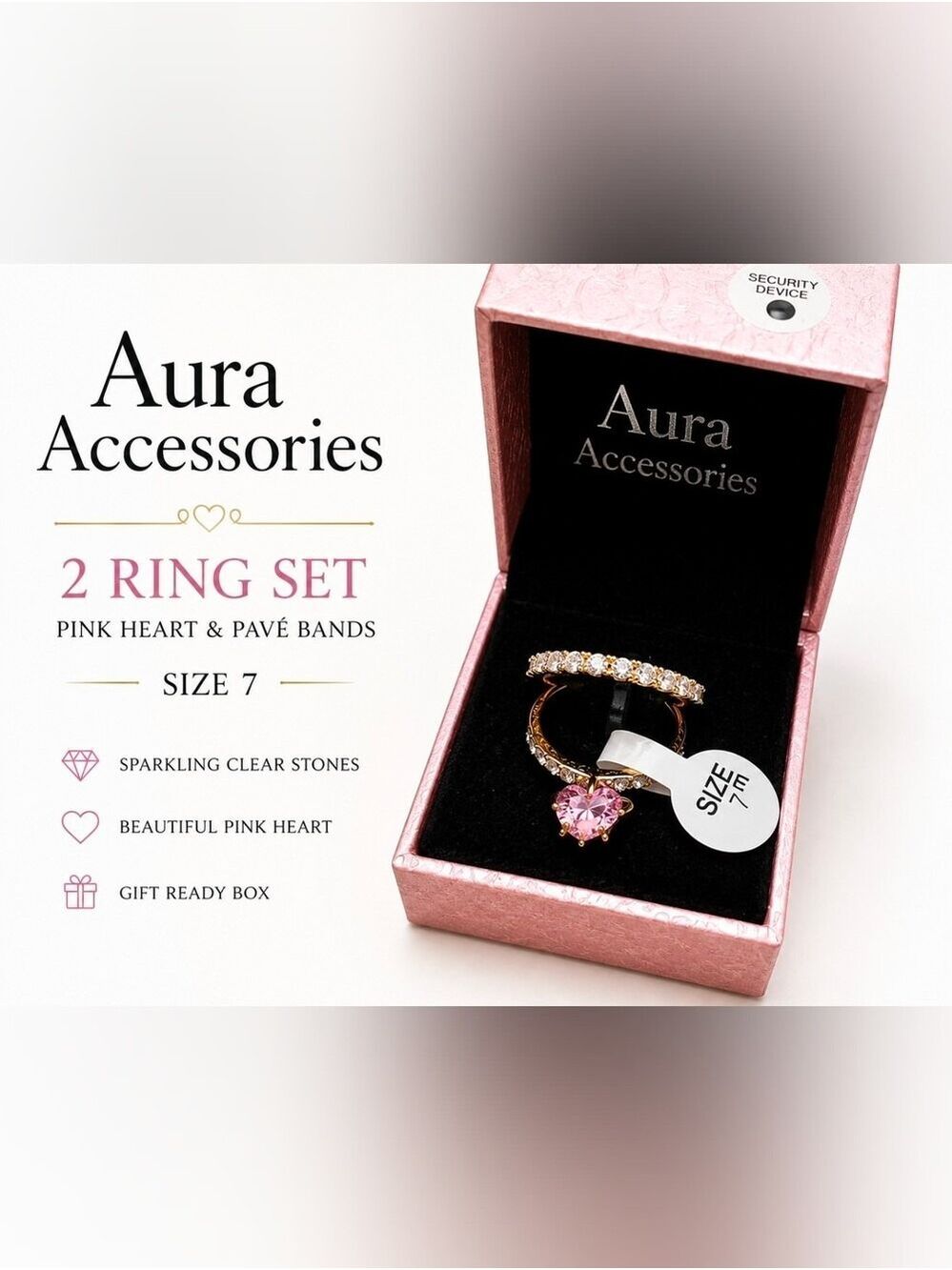 Aura Accessories 2-Pc Pink Heart Rhinestone Ring Set Size 7 NWT